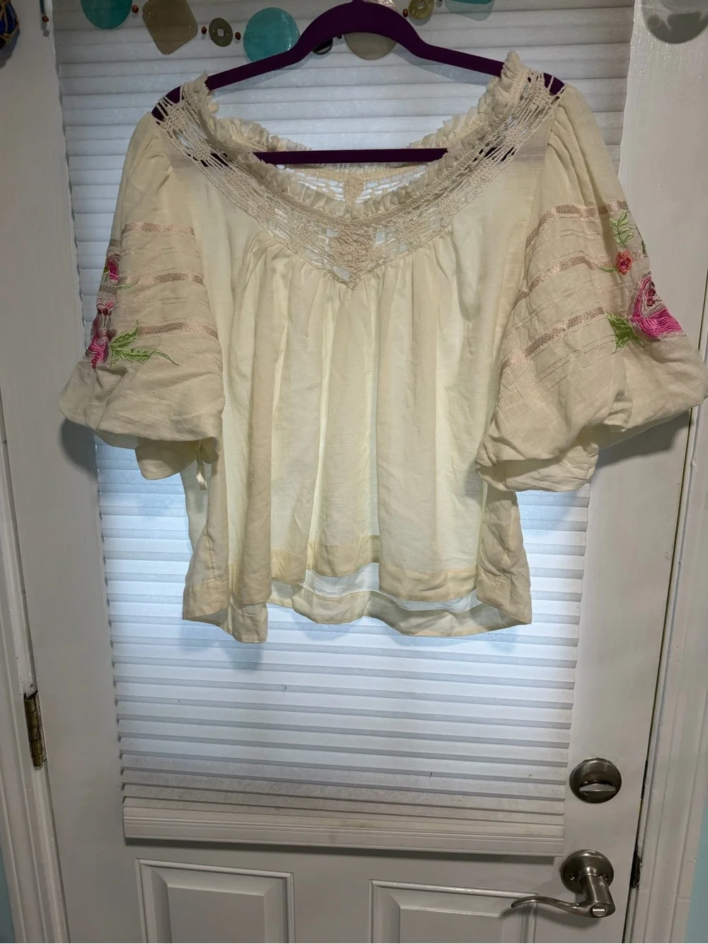 Free People Cream Peasant Top with Pink Floral Embroidery
